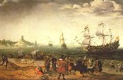 The painting Coastal Landscape with Ships by the Dutch painter Adam Willaerts